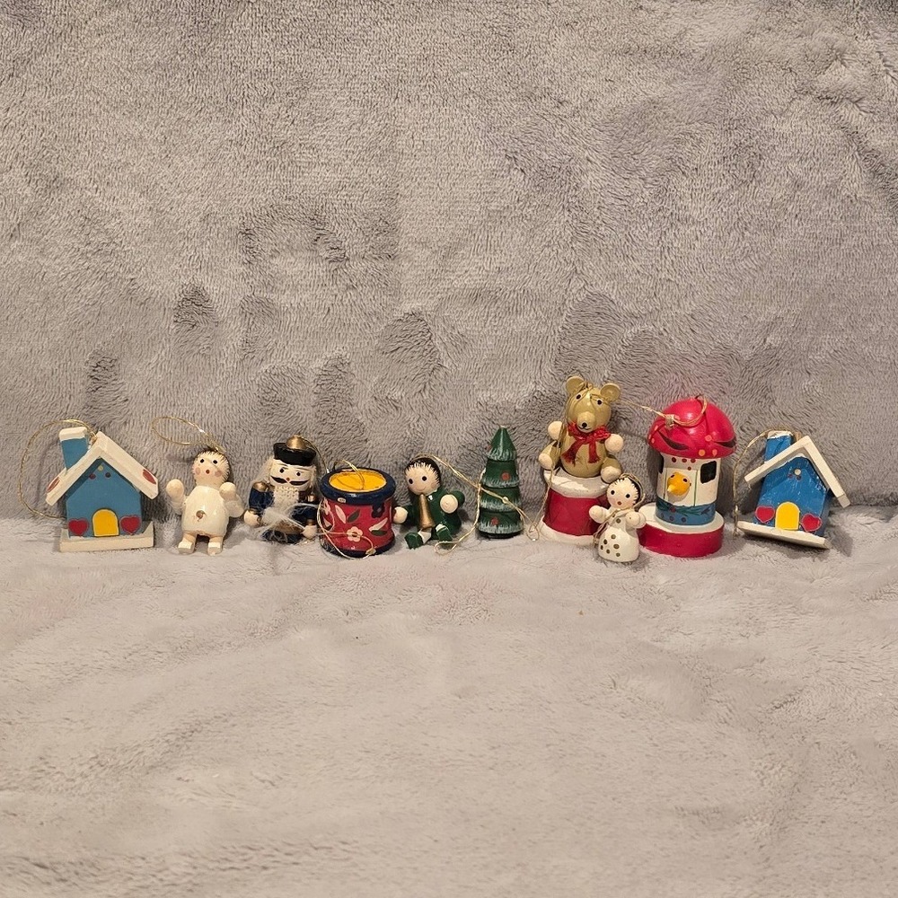 Vintage Hand Painted Wooden Christmas Ornament Set Nutcracker Bear Mushroom 10pc